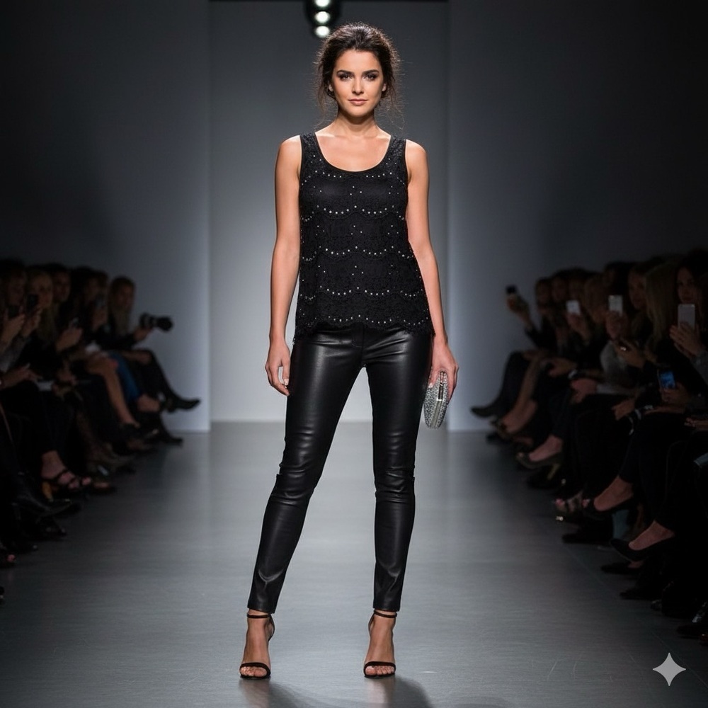 Warehouse Black Beaded Lace Tank Top US M